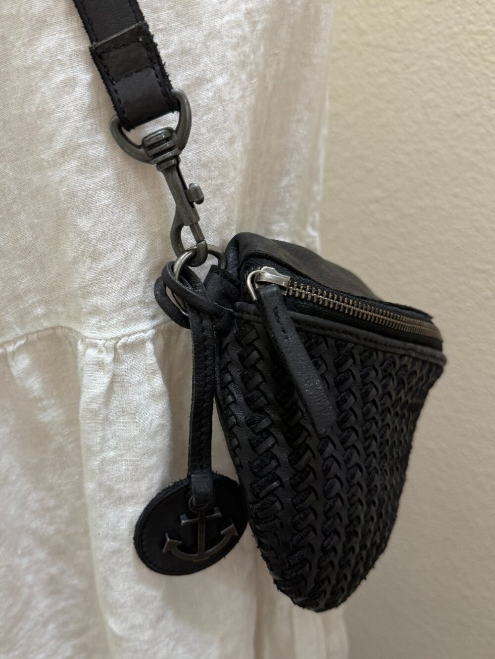 Harbour 2nd Leather Half Moon Belt Bag Crossbody Bag Black Boho Woven Texture - Picture 8 of 16